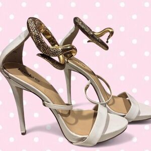 Bebe White Heels with Gold Snake Accent